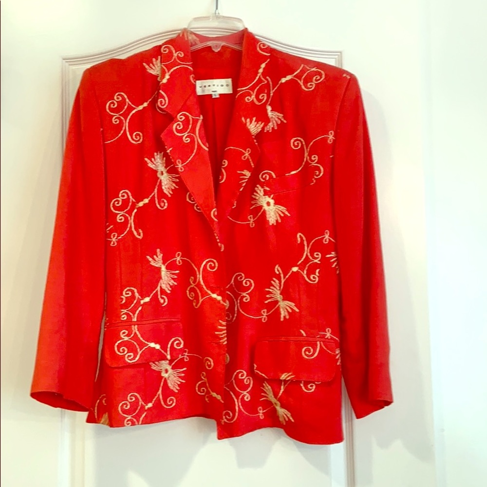 Coral suit jacket with yellow flower stitching